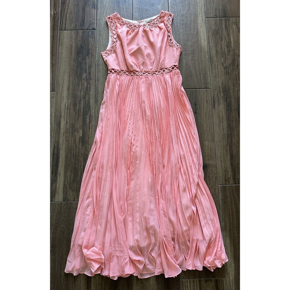 Fehaute Coral Pink Pleated Maxi Dress Crochet Cutout Sleeveless US 8 NWT‎